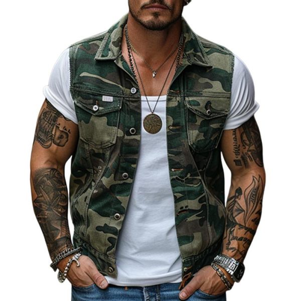 Men's Vintage Camouflage Canvas Lapel Vest 83480535X